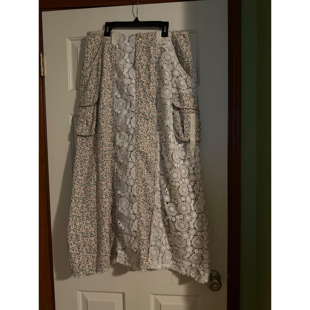 POL Women Pink Floral Denim Maxi Skirt NWOT Crochet Lace Overlay Cargo Pockets L